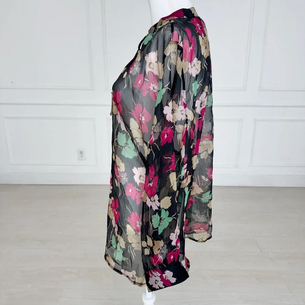 Lauren Ralph Lauren Blouse Womens 2X Black Floral Sheer Tie Neck Long Sleeve Top